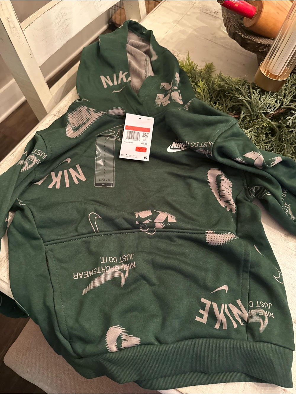 Nike Dark Green Logo-Print Hoodie. Kids size large.